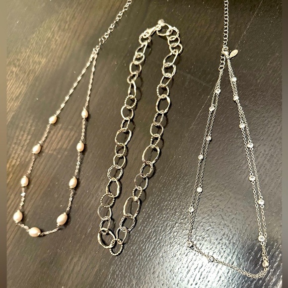 QVC Jewelry - QVC Silver Necklaces Bundle of 3! Hammered silver, CZ Diamonds and Pearls NWOT